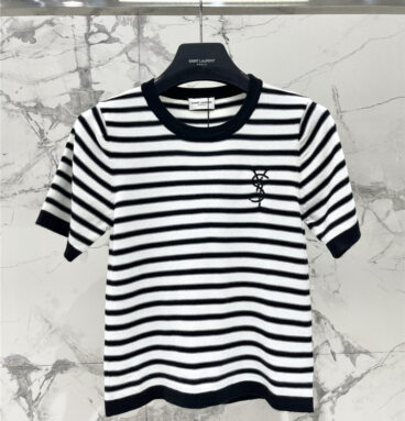 YSL round neck classic striped knitted short sleeves replica clothes