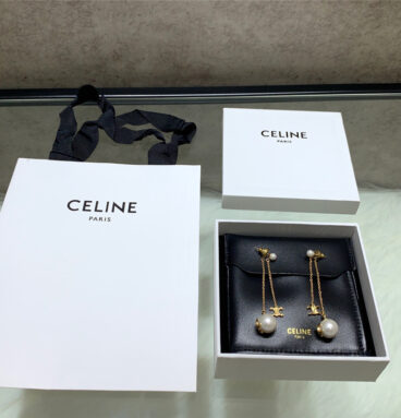 celine double chain Arc de Triomphe hanging bead earrings